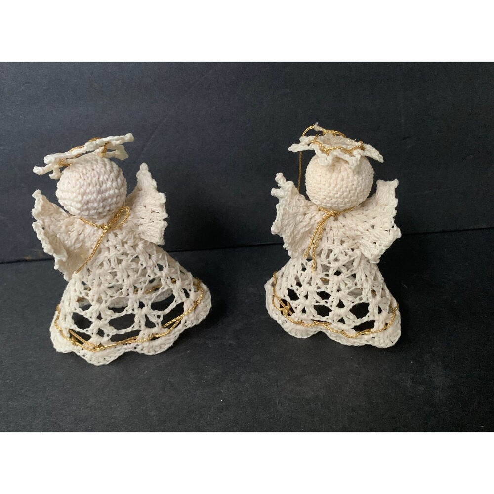 2 Handmade Starched Crocheted Angel Vintage Christmas Ornaments - 4” x 3” x 2”